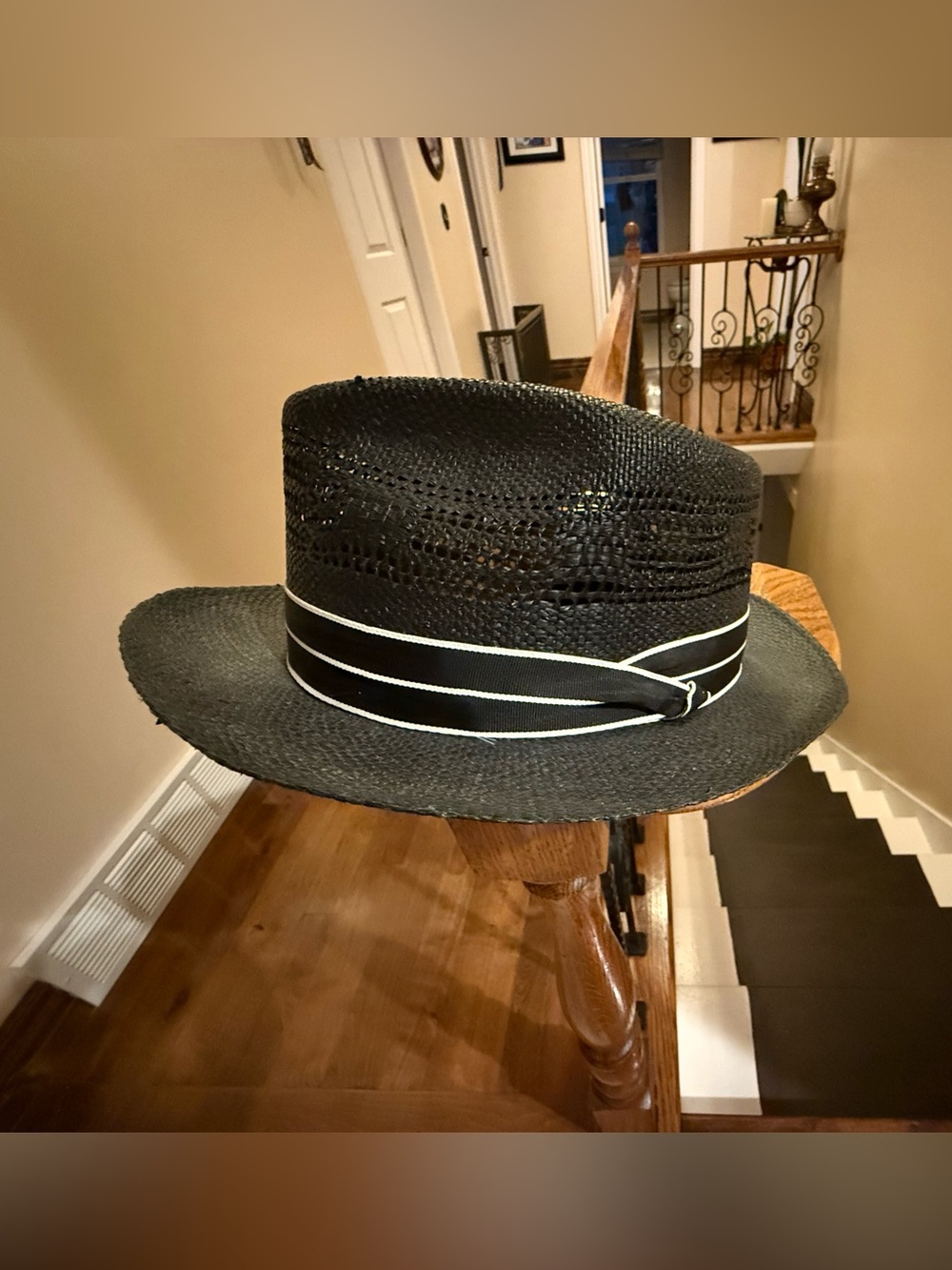 Black Straw Fedora Hat with White Ribbon Stetson brand L does have some fraying.